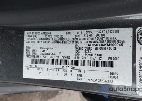 2019 Ford Fiesta Se из США, поврежденный, VIN 3FADP4BJ6KM109045